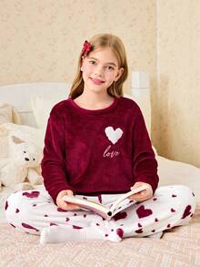 Snug Zone 少女心形刺绣法兰绒长袖上衣和裤子睡衣套装，圣诞节 - 紅色 - 查看 5