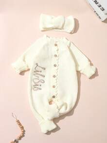 SHEIN 2 pièces Ensemble "Petite Sœur" Tenues de photographie pour nouveau-né fille brodées. Combinaison tricotée avec nœud papillon et bandeau. Tenue boutonnée pour séance photo, tenue de retour à la maison pour bébé