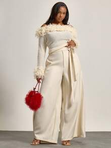 MUSERA Calças de alfaiataria plus size de perna larga com detalhe de amarração na cintura, estilo descolado, confortável, para o dia a dia, Tusk Casual. - Damasco - Ver 1