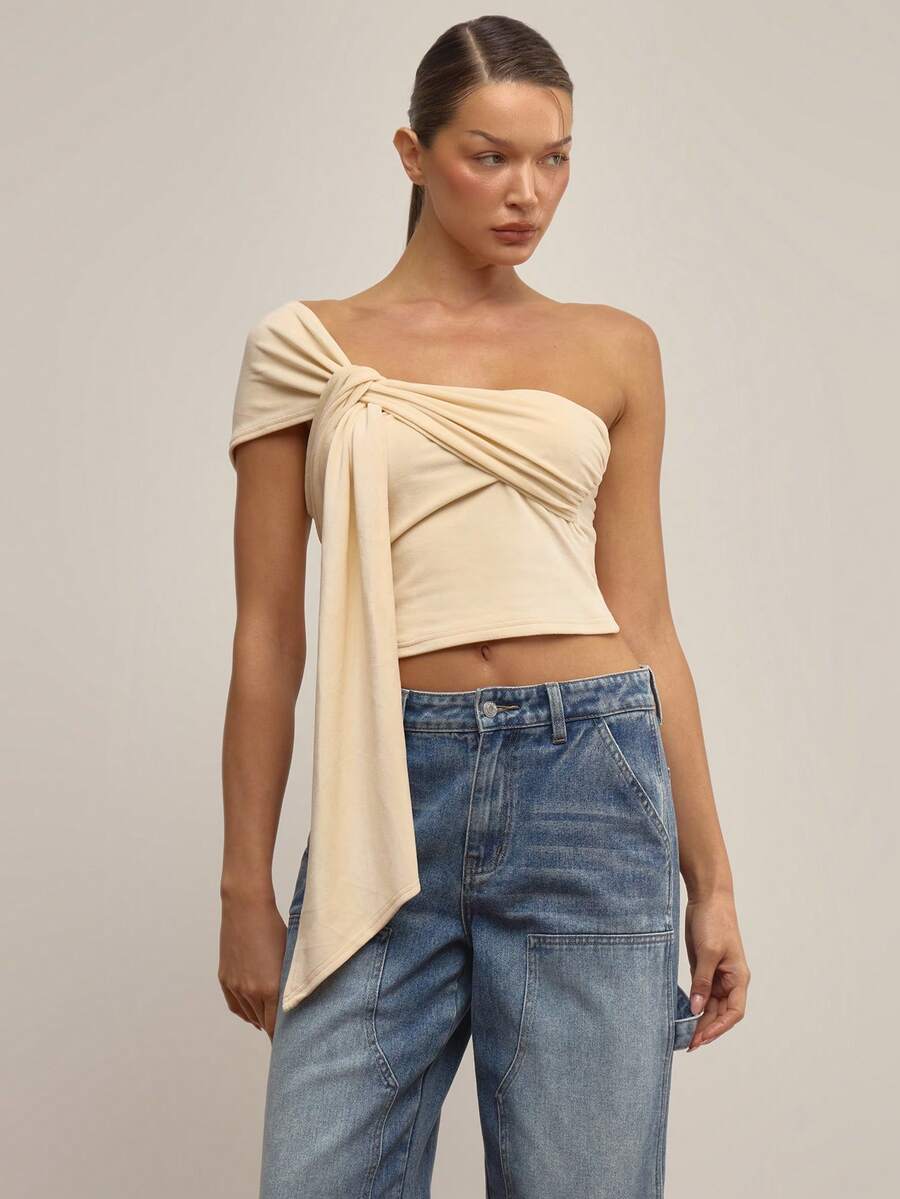 MUSERA Asymmetric Velour Drape Fitted Top Elegant Autumn Fall Cute Sexy Gallerie Spring Summer Holiday - Beige - View 1