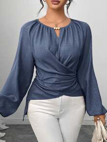 Elenzga Kemeja Wanita Model Lilitan Berhiaskan Manik-Manik dengan Pinggang yang Dikencangkan, Musim Gugur/Dingin - Navy Blue - View 6