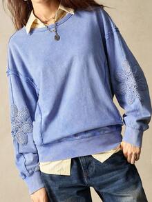 Bohemela Women's Casual Solid Color Knit Crew Neck Loose Washed Sweatshirt - Blue - View 6
