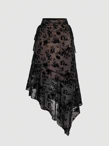 SHEIN MOD 大码复古70年代不对称中长裙，适合度假、派对、约会、生日庆祝、下午茶和节日等场合，中长裙，适合外出、圣诞节、新年等节日穿着。黑色植绒不对称下摆中长裙，大码女款，圣诞节款。 - 黑色 - 查看 2