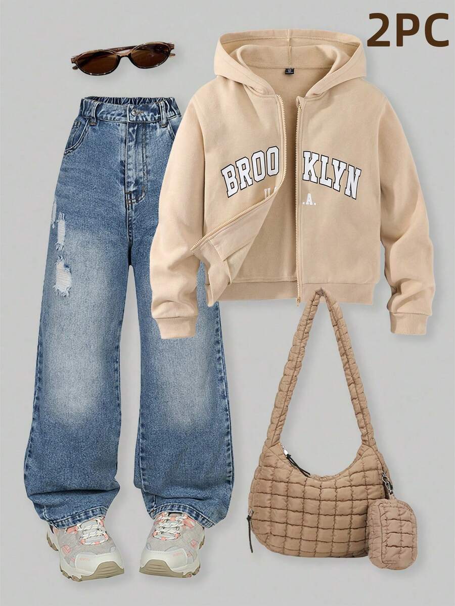 Tween Girls Denim Two-Piece Outfits 2pcs/Set Older Girls Casual Knit Graphic Print Hoodie Sweatshirt And Straight Leg Pants Girls Streetwear Jeans Tween Girl Baggy Jeans Teen Girl Wide Leg Jeans Wide Leg Jeans Girls Baggy Jeans For Girls Baggy Jeans Kids Outfit Young Girl Outfit Set Teen Outfits Set Girls Jean Outfit Set Fall Winter - Khaki - View 1