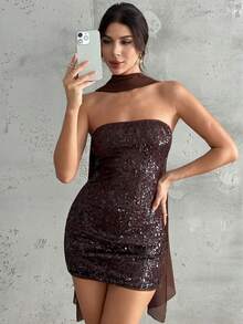 Firerie 女士新款优雅棕色亮片闪亮面料露肩系腰迷你连衣裙，适合派对、音乐节、秋季时尚、婚礼宾客礼服、性感俱乐部服装、外出服装 - 棕色 - 查看 7
