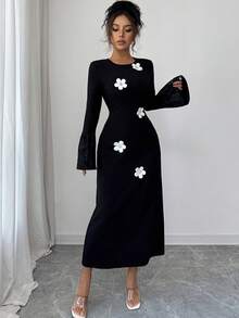 Modelyn Elegant Floral Jacquard Long Sleeve Midi Dress For Women,Daisy Flower Applique Black And White Autumn Dining Dress - Black - View 4