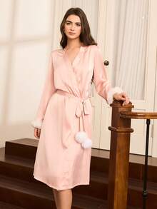 Moireta Elegant French Palace Style Pink Patchwork Fringed Women's Robe Night Gown Women Set Home Wear Women Pink Silk Pajamas Set Pajamas Gown For Woman Sleep Wear Women Silk Sleepwear Women Silk Pajamas Gown For Women Winter And Fall Vintage