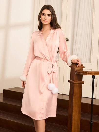 Moireta Elegant French Palace Style Pink Patchwork Fringed Women's Robe Night Gown Women Set Home Wear Women Pink Silk Pajamas Set Pajamas Gown For Woman Sleep Wear Women Silk Sleepwear Women Silk Pajamas Gown For Women Winter And Fall Vintage