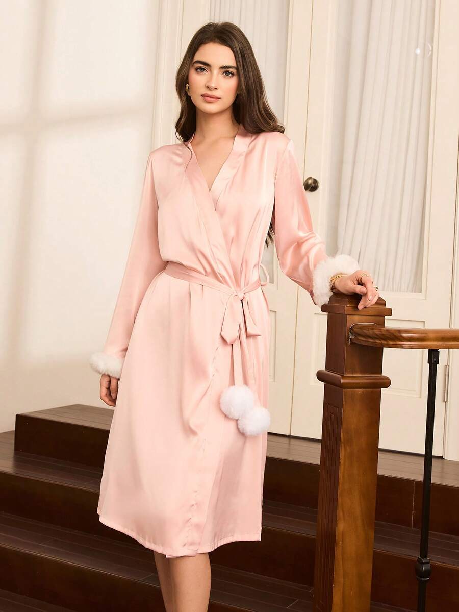 Moireta Elegant French Palace Style Pink Patchwork Fringed Women's Robe Night Gown Women Set Home Wear Women Pink Silk Pajamas Set Pajamas Gown For Woman Sleep Wear Women Silk Sleepwear Women Silk Pajamas Gown For Women Winter And Fall Vintage