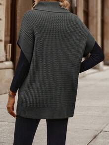 EMERY ROSE Women's Casual Solid Color Turtleneck Knit Vest, Autumn/Winter - Dark Grey - View 2