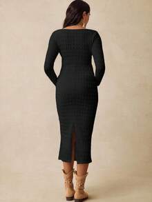 Boho Mama 孕妇休闲纯色纹理修身连衣裙，秋季 - 黑色 - 查看 2