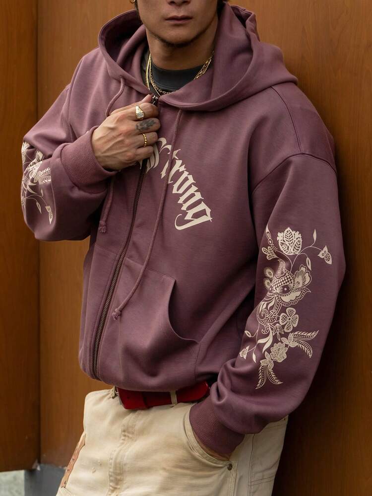 Gothic Letter Print Design Open Front Short Street Style Men Hoodie, Autumn