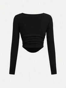 SHEIN Girlism Teen Girls 2pcs/Set Pants Plaid Daily Wear Microfleece Football/Soccer Black And White Sportswear Wide Leg Pants And Black Top Spring Date Night Tops Square Neck Ruched Curved Hem Tee Suit - Black and White - View 5