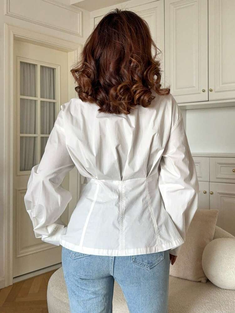 Women's Casual Solid Color Pleated Shirt, Autumn Long Sleeve Top