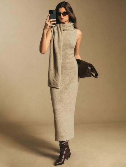 Poéselle 2件套女士立领无袖修身针织连衣裙（带披肩）套装