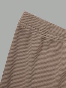 SHEIN Streecool Kids 2pcs/Set Tween Girls Oblique Shoulder Ribbed Fitted Long Sleeve Top + Straight Leg Pants Outfit