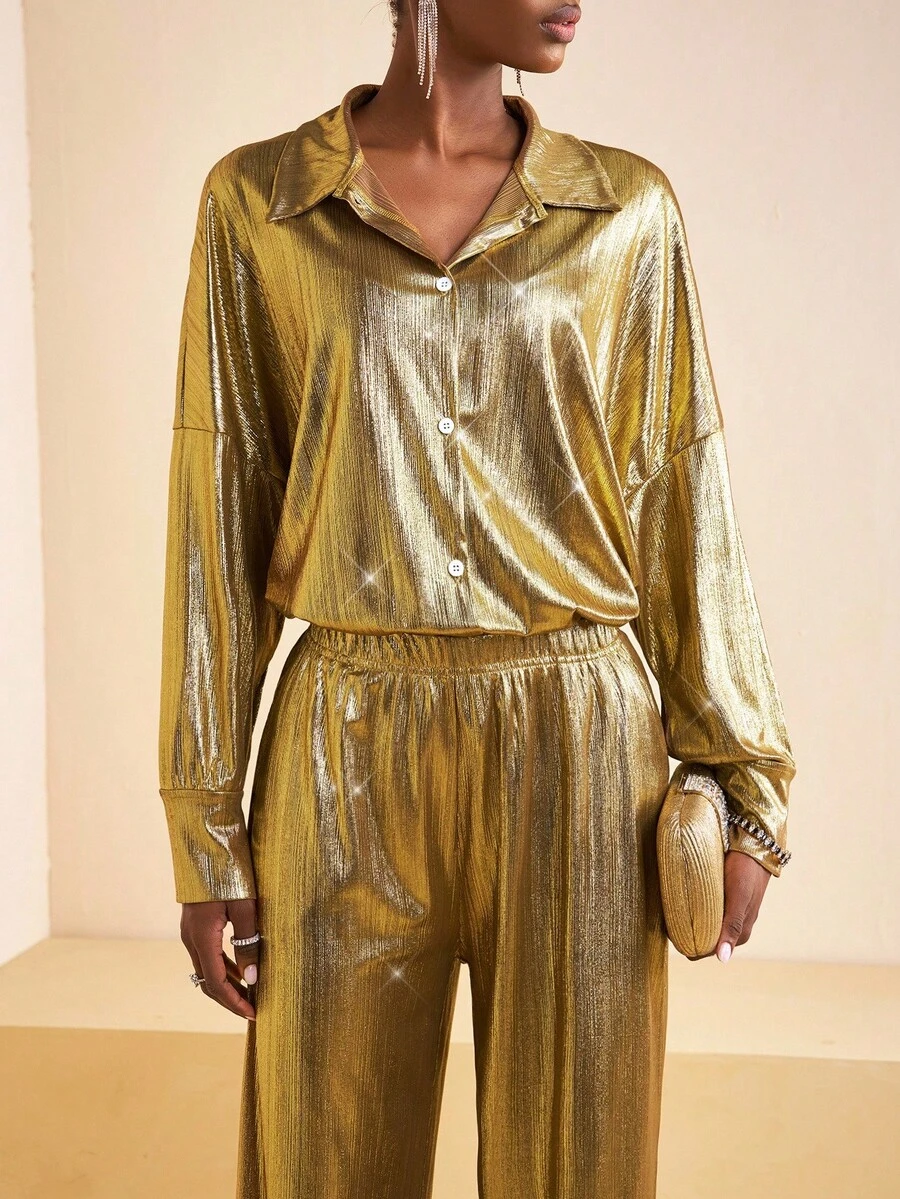 Zivah 2025 Thu Mới Về Halloween Sinh Nhật Tiệc Tiệc Phong Cách Đại Học Sinh Viên Hàng Ngày Thường Ngày Cơ Bản Đa Năng Du Lịch Du Lịch Nổi Tiếng Đi Làm Thanh Lịch Thường Ngày Công Sở Áo Sơ Mi Tay Dài Rộng Kết Hợp Với Quần Ống Rộng, Vải Bóng Phủ Sọc Dọc Vàng, Bộ 2 Món Cho Nữ, Bộ Đồ Dự Tiệc - Vàng - Xem 1