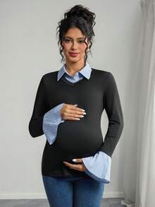 SHEIN 优雅通勤修身领口喇叭袖口长袖半拉链条纹孕妇T恤，多色 - 黑色 - 查看 6