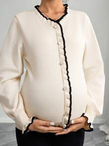 Momance Femmes Ample Ajustement Col V Contraste Couleur Volant Lanterne Manche Faux Bouton Design Décontracté Maternité Tricot pull, Automne/Hiver