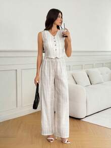 SHEIN Tall Women's 2 Pieces Linen Striped Vest And Pants Set,Blue And White Stripe,Summer,Casual,Vacation,Holiday Commuter Business Outfits Daily Wear Pant Suit, Tall Women - Apricot - View 3
