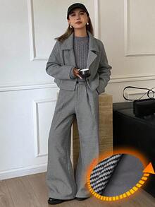 Livesso Completo casual elegante da donna per l'ufficio e il tempo libero, composto da giacca corta con stampa a quadri su tutto il capo e collo a risvolto, e pantaloni a gamba dritta, adatto per l'autunno/inverno - Cachi - Visualizzare 1