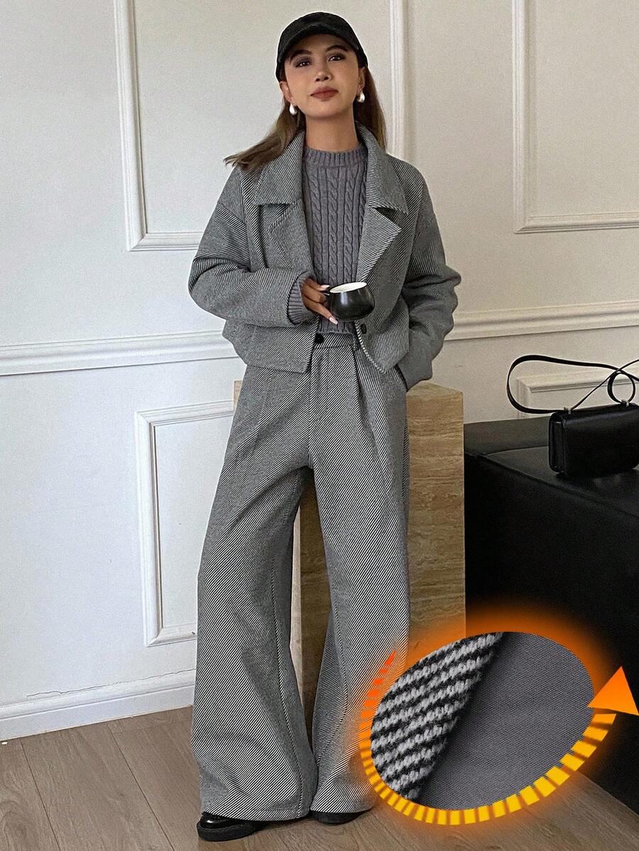 Livesso Completo casual elegante da donna per l'ufficio e il tempo libero, composto da giacca corta con stampa a quadri su tutto il capo e collo a risvolto, e pantaloni a gamba dritta, adatto per l'autunno/inverno - Cachi - Visualizzare 1