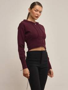MUSERA Knit Button Through Hoodie Elegant Elegant Winter Work Cute Evening Elegant Party - Maroon - View 3