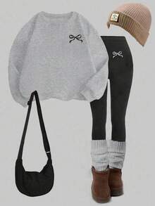 SHEIN 2 件套年轻女孩休闲简约可爱蝴蝶结图案长袖圆领运动衫和裤子套装，适合秋冬季 - 淺灰色 - 查看 3