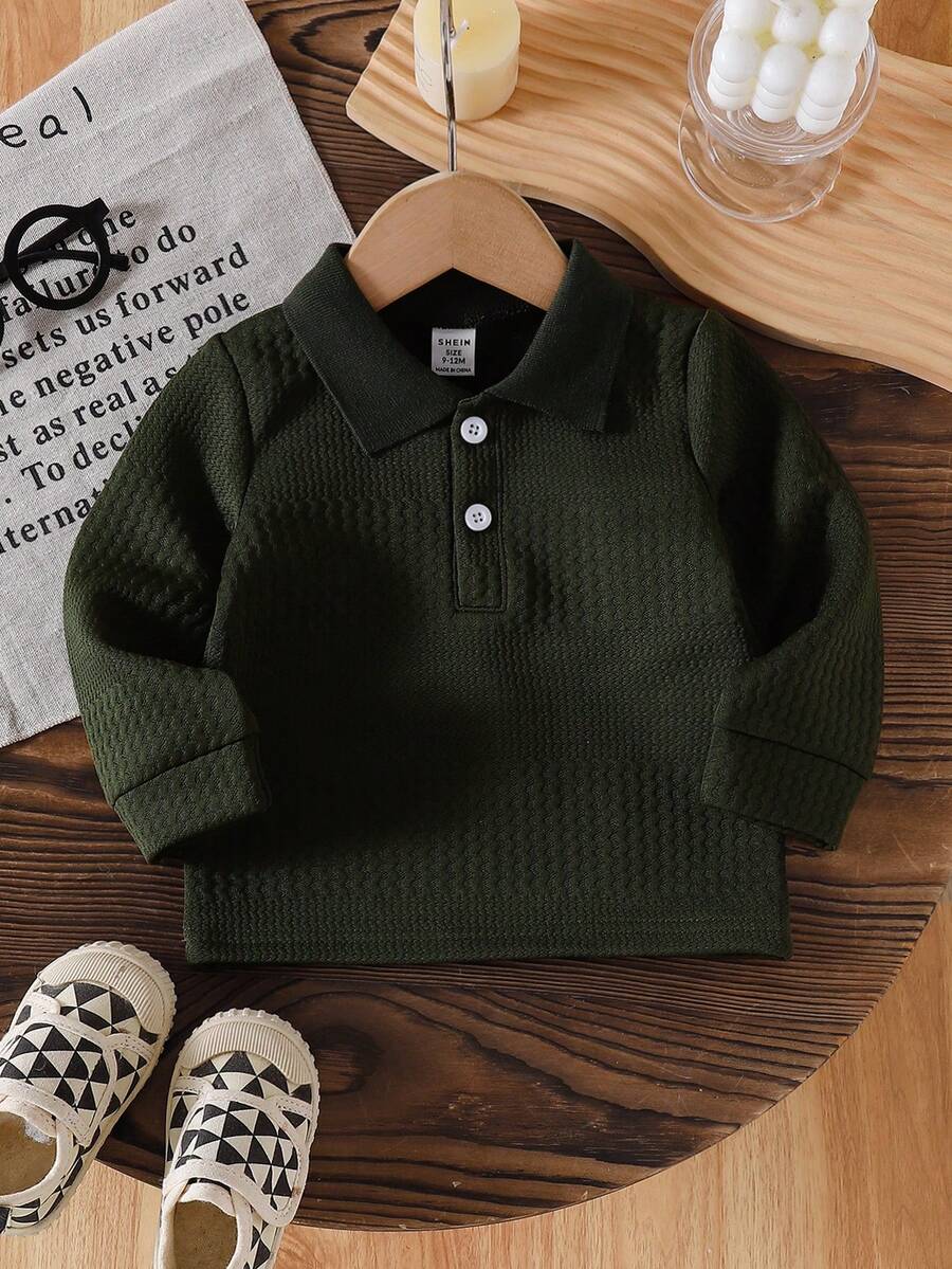 SHEIN Baby Boy Casual Solid Long Sleeve Button Collar Polo Shirt, Spring/Autumn Casual Boy 12 Months - Dark Green - View 1