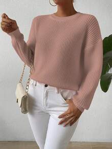 EMERY ROSE Women's Casual Everyday Commute Simple Solid Color Drop Shoulder Loose Knit Sweater, Autumn/Winter - Coral Pink - View 3