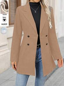 SHEIN LUNE 女式纯色翻领长袖双排扣休闲大衣，秋冬 - 藕粉色 - 查看 1