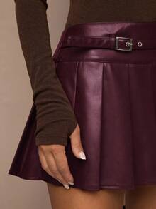 SHEIN BAE Váy ngắn xếp ly thiết kế khóa thắt lưng màu trơn cho nữ - Màu Tím - Xem 3