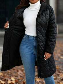 EMERY ROSE Women's Autumn/Winter Faux Fur Cuff Quilted Puffer Jacket With Hood And Pockets, Fashionable And Minimalist - Black - View 7