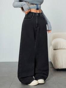 SHEIN Tall 高腰女式宽松休闲百搭口袋牛仔阔腿裤 - 黑色 - 查看 7