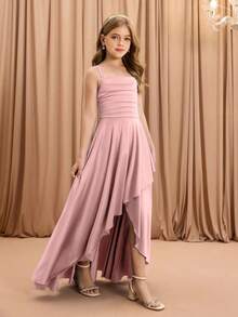 Tween Girl' 优雅时尚奢华细肩带交叉肩无袖高腰收腰喇叭下摆长款不对称下摆设计纯色缎面闪亮面料高端圣诞节、毕业典礼、派对、万圣节粉色连衣裙 - 粉色 - 查看 4