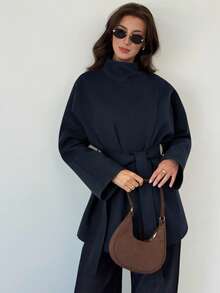 Aloruh 女士纯色大衣，时尚通勤款，秋冬季 - 藏蓝色 - 查看 7