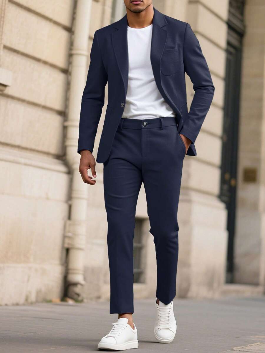 Manfinity Mode 男士春夏休闲蓝色商务正装西装套装（两件套），包括外套和裤子