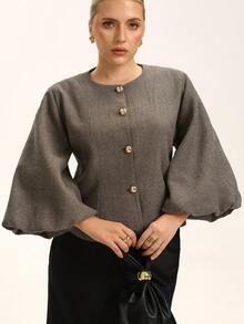 Revavyn Áo khoác vest tay phồng cổ tròn họa tiết xương cá thanh lịch dành cho nữ - màu nâu - Xem 2