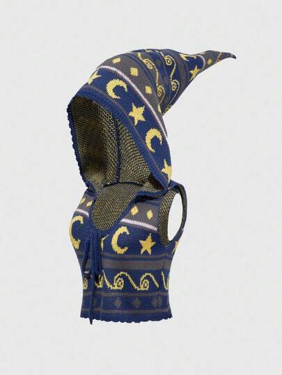 Women's Retro Hippie Witch Mysterious Hooded Striped Jacquard Sun & Moon Print Sleeveless Knit Top, Purple