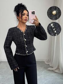 SHEIN Elenzya Women's Elegant Plaid Studded Jacket, Suitable For Dates And Parties, Winter - Black - View 1