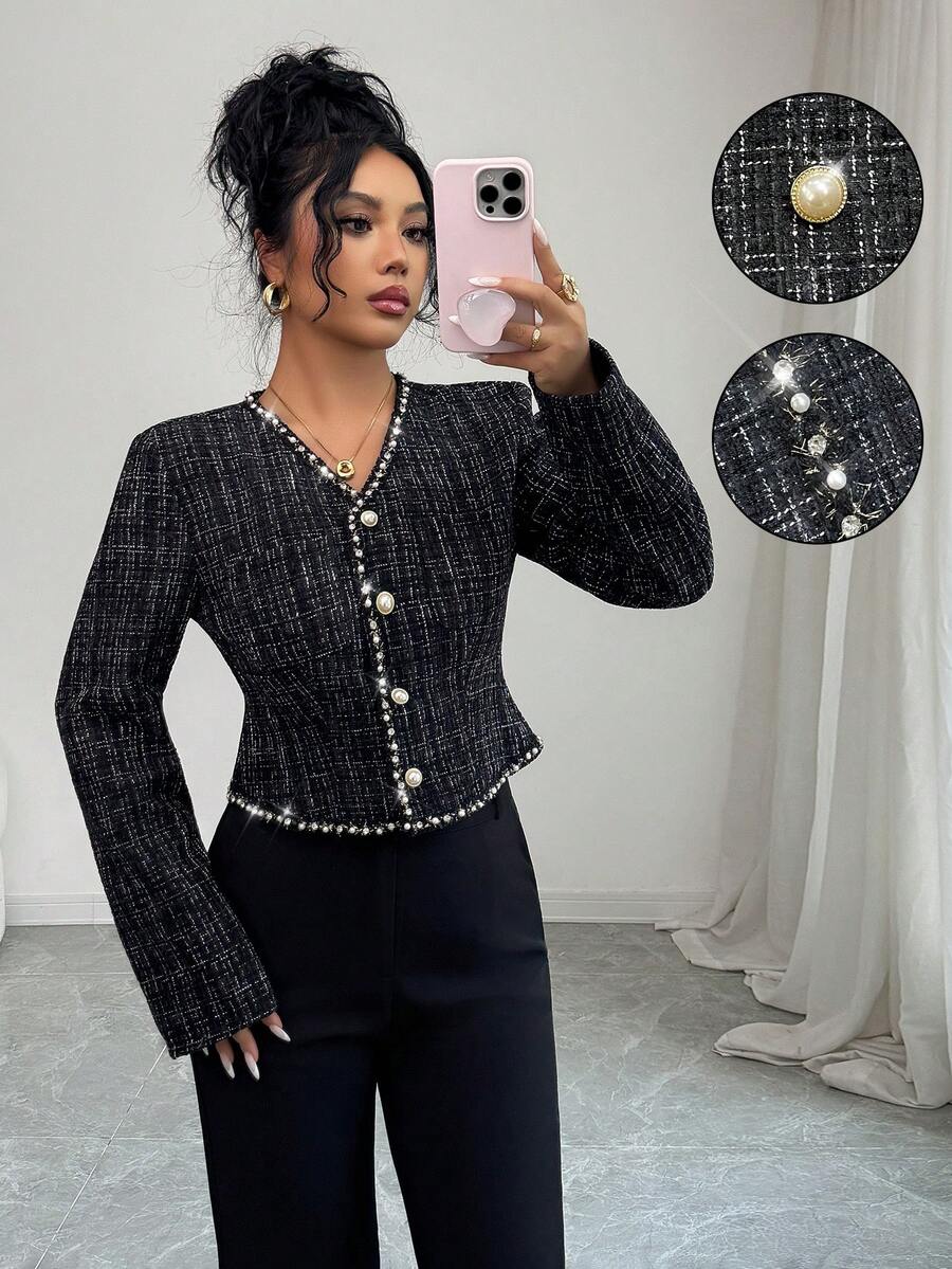 SHEIN Elenzya Women's Elegant Plaid Studded Jacket, Suitable For Dates And Parties, Winter - Black - View 1