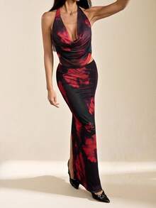 SHEIN Tall Vintage Tie-Dye Floral Draped Neck Camisole And Fitted Mini Skirt 2 Pieces Set - Burgundy - View 6