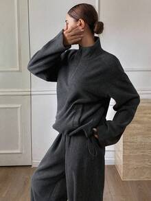 Livesso 2pcs Women's Thermal Lined Loose Fit Solid Pullover Sweatshirt And Straight Leg Sweatpants Set,Dark Grey Winter Casual Lounge Business Outfit - Dark Grey - View 2