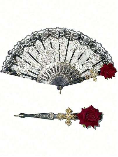 1pc Vintage Spanish Folding Fan, Flamenco Rose Flower Lace Dacing Spain Flower Hand Fan, Elegant Black Handheld Fan For Women,For Women Party Wedding Gift, For Home Room Living Room Office Decor, Cosplay Performance Decoration Valentine's Day
