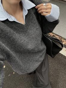 DAZY 女款休閒撞色拼接領毛衣，秋季校園風 - 灰色 - 查看 5