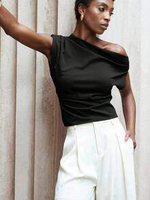 Aveloria Modichic Business Casual Asymmetrical Neck Design Ruched Gathered Cuff Fitted Women Shirt Top - Black - View 6