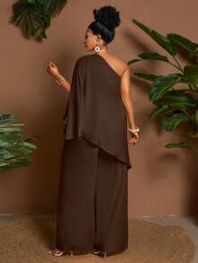 Maweii Summer Asymmetric Hem Loose Top And Pants Two Pieces Set, Casual Vacation Commute Style For Plus Size Women Fall - Brown - View 2