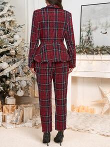 Ellevyn Women's Peter Pan Collar Cinched Waist Long Sleeve Metal Button Red Plaid Christmas Wool Tapered Pants, Elegant For Everyday Wear - Multicolor - View 2