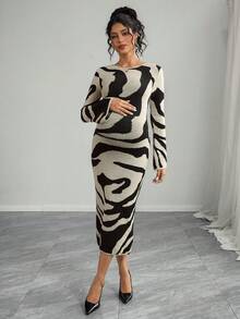 Momance Maternity Elegant Knitted Bodycon Dress With Graphic Print, Round Neck, Long Sleeve, Autumn/Winter