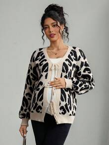 Momance Maternity Casual Leopard Print Tie Front Cardigan, Autumn/Winter